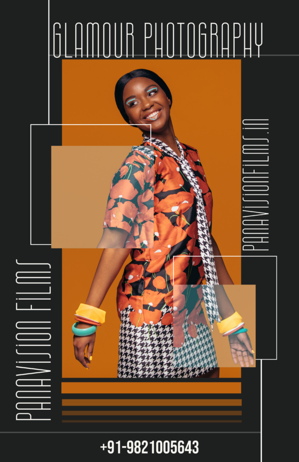 A high-fashion glamour shot of an individual, captured by PANAVISION FILMS with elegant lighting and a bold, confident pose.